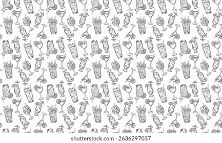 Seamless black and white pattern featuring a hand-drawn collection of summer cocktails in various glass types. The pattern is tileable and suitable for both print and digital projects.