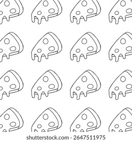 A seamless black and white pattern featuring outline illustrations of pizza slices with melted cheese. Ideal for coloring pages, minimalistic food designs, or background decoration.