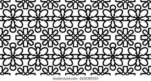 Um padrão preto e branco perfeito com elementos florais estilizados e formas geométricas interligadas, criando uma textura visual arrojada e gráfica.