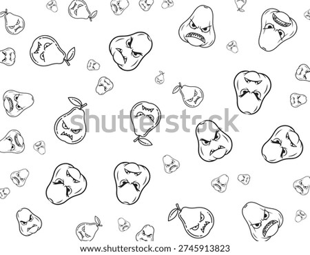 A seamless black and white pattern featuring numerous cartoon pears with angry, monster-like faces, sharp teeth, and furrowed brows, scattered randomly on a white background.