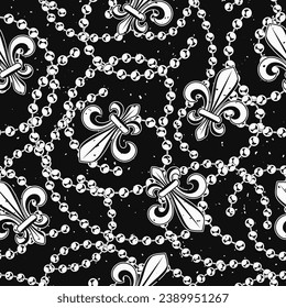 Seamless black and white pattern with fleur de lis, strings of beads on black background Mardi gras carnival design. Vintage illustration for prints, clothing, surface design