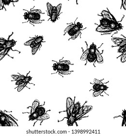 seamless black and white pattern with flies
