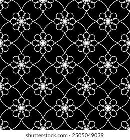 Seamless black and white pattern with flower shapes consisting of continuous curly lines. Suitable for graphic design, interior decoration, textiles, printing, wrapping, etc.