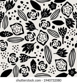 seamless black and white pattern with flowers and leaves, vector design for paper, fabric and other surface