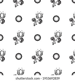 Seamless black and white pattern with flowers and monograms in Simple style. Good for covers, fabrics, postcards and printing. Vector 