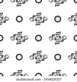 Seamless black and white pattern with flowers and monograms in Simple style. Good for clothing and textiles. Vector 