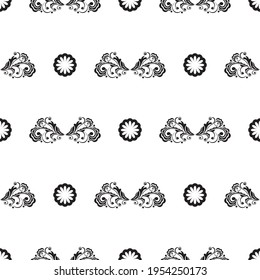 Seamless black and white pattern with flowers and monograms in Simple style. Good for menus, books, murals and fabrics. Vector illustration.