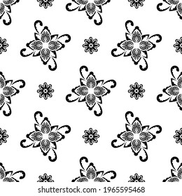 Seamless black and white pattern with flowers and monograms in Simple style. Good for clothing and textiles. Vector 