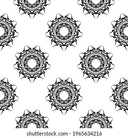 Seamless black and white pattern with flowers and monograms in Simple style. 