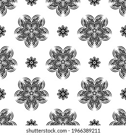 Seamless black and white pattern with flowers and monograms in Simple style. Good for clothing and textiles. Vector 