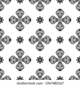 Seamless black and white pattern with flowers and monograms in Simple style. Good for clothing and textiles. Vector 