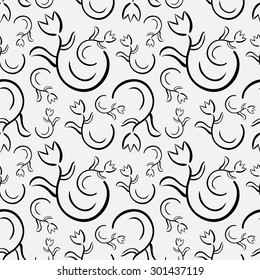 Seamless black and white pattern with flowers