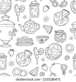 Seamless black and white pattern with food-pancakes, tea, jam, strawberries, lollipop, bagel. Vector isolated illustration background. Pancake day.