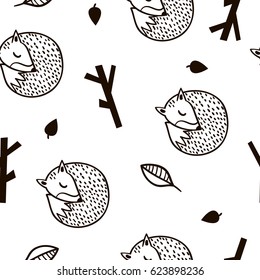 Seamless black and white pattern with fox,branch and leaves.Minimalistic texture in scandinavian style.Vector background