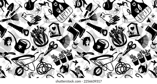 Seamless black and white pattern with garden tools in contour style. Vector set of garden tools. A set of icons for gardening. Agriculture badges. 