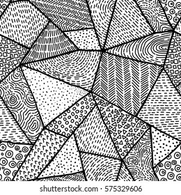 Seamless black and white pattern. Geometric abstraction style doodle art. Patchwork design - print for your textiles. Handmade. Vector illustration.