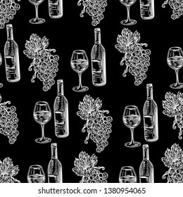 Seamless black and white pattern of grapes, wine and glass of wine.	