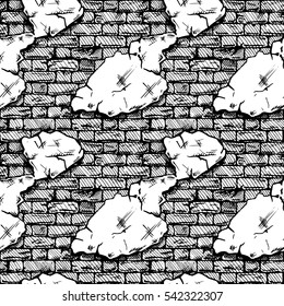 Seamless black and white pattern of grunge brick wall. Vector illustration texture in ink hand drawn style.