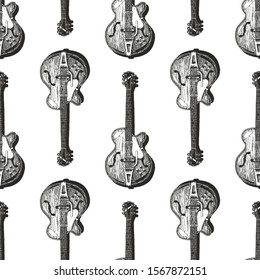 Seamless black and white pattern with guitar, ink hand drawn illustration.