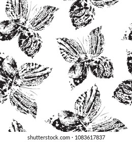 Seamless black and white pattern with hand drawn butterflies. Monotype effect
