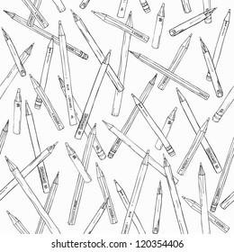 Seamless black and white pattern with hand drawn comic pencils. Endless illustrated texture, template for design and decoration textile, package, wrapping paper