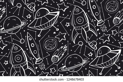 Seamless black and white pattern with hand drawn contour child illustrations of stars, spaceships and UFOs. Vector doodle texture for wallpaper, textile, background and your design