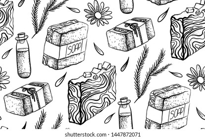 Seamless black and white pattern with hand made soap drawing. Soap making. Wallpaper with soap, juniper, calendula, oil, petal. Vector sketch texture for fabrics, background and your design.