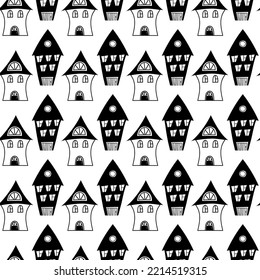Seamless black and white pattern with hand drawn houses in doodle style for kids fabric, clothes, posters, prints