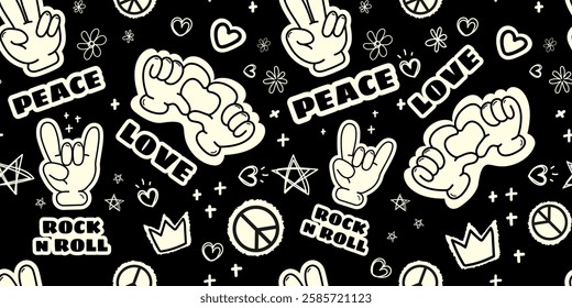 Seamless black and white pattern with hand gestures, peace signs, hearts stickers, and rock n roll symbols in a retro doodle style.Vector illustration,for music posters, wallpaper, apparel,backgrounds