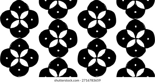 Seamless black and white pattern of hand drawn four-petal flowers on a white background. High-contrast minimalist floral pattern inspired by traditional motifs and modern interiors.