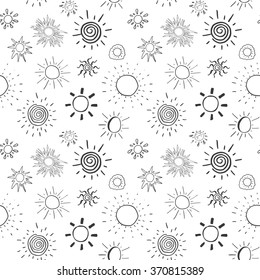 Seamless black and white pattern with hand drawn doodle suns vector illustration.