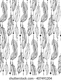 Seamless black and white pattern of hand drawn feathers with boho pattern. Tribal doodle background. Vector element for your creativity.