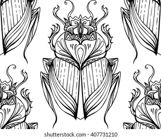 Seamless black and white pattern with hand drawn tribal scarab. Vector background with doodle pattern for your design