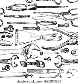 Seamless black and white pattern with hand drawn tools.