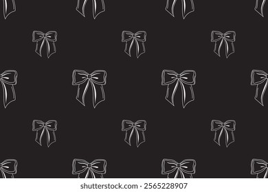 Seamless black and white pattern of hand-drawn bows. Women`s accessories for weaving. Vintage illustration of a Coquette in a linear style. Monochrome background for posters, packaging, textiles.