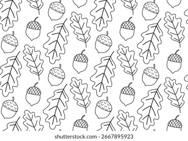 Padrão preto e branco contínuo com bolotas desenhadas à mão e folhas de carvalho. Fundo botânico em estilo doodle