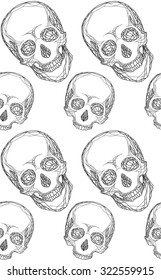 Seamless black and white pattern with hand-drawn skull for your design