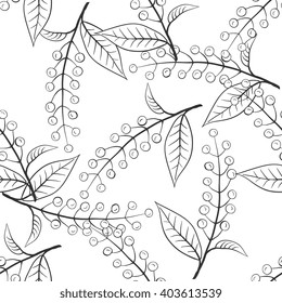 Seamless black and white pattern with handdrawn bird cherry.Medicinal berry background. Cover, wallpaper,  textile, wrapper.