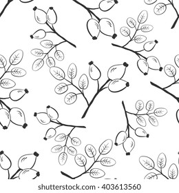 Seamless black and white pattern with handdrawn dog rose.Medicinal berry background. Cover, wallpaper,  textile, wrapper.