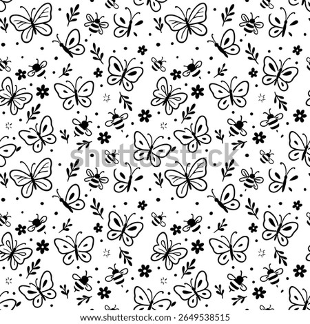 Seamless black and white pattern with hand-drawn doodles of butterflies, bees, flowers, and leaves. A whimsical and simple nature illustration perfect for modern, minimalist projects.