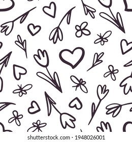 Seamless black and white pattern with hearts, tulips and butterflies. Cute repeat texture for fabric, wrapping, print, web, banner and other design. Hand drawn vector illustration.