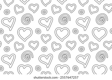 Seamless black and white pattern of hearts, swirls, and circles, perfect for childrens coloring activities or crafts.
