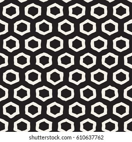 Seamless black and white pattern with hexagon lattice. Creative monochrome hand drawn honeycomb background.