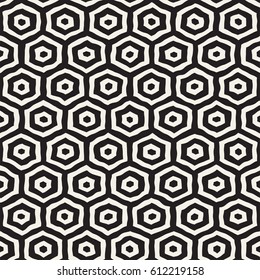 Seamless black and white pattern with hexagon lattice. Creative monochrome hand drawn honeycomb background.