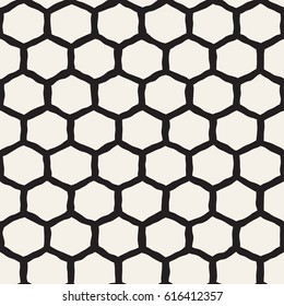 Seamless black and white pattern with hexagon lattice. Creative monochrome hand drawn honeycomb background.
