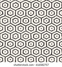 Seamless black and white pattern with hexagon lattice. Creative monochrome hand drawn honeycomb background.