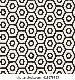 Seamless black and white pattern with hexagon lattice. Creative monochrome hand drawn honeycomb background.