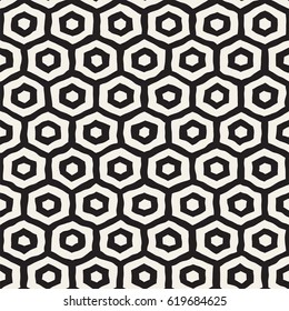 Seamless black and white pattern with hexagon lattice. Creative monochrome hand drawn honeycomb background.