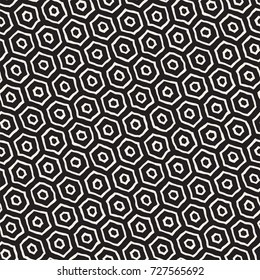 Seamless black and white pattern with hexagon lattice. Creative monochrome hand drawn honeycomb background. Stylish abstract paintbrush design