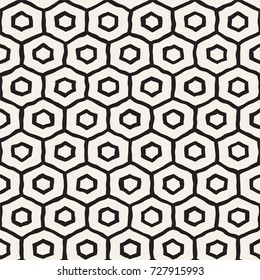 Seamless black and white pattern with hexagon lattice. Creative monochrome hand drawn honeycomb background.